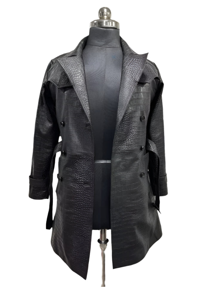 Women's Black Croco Coat 100% Genuine Lambskin Leather Croc Embossed Trench Coat