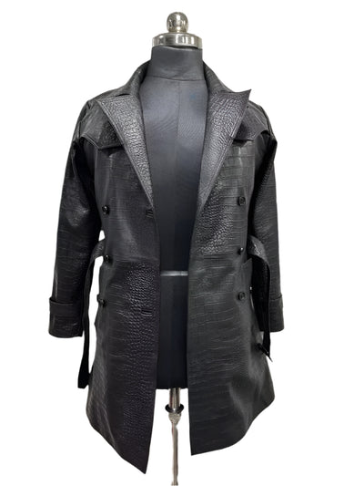 Women's Black Croco Coat 100% Genuine Lambskin Leather Croc Embossed Trench Coat
