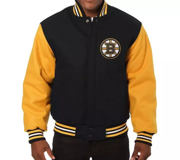 Letterman Boston Bruins Black and Yellow Varsity Jacket Real Leather Yellow Arms