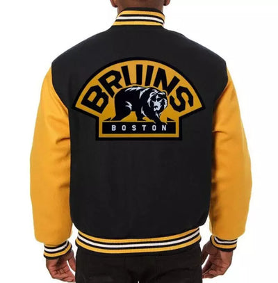 Letterman Boston Bruins Black and Yellow Varsity Jacket Real Leather Yellow Arms