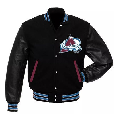 Colorado Avalanche Black Letterman Varsity Jacket with Genuine Leather Sleeves