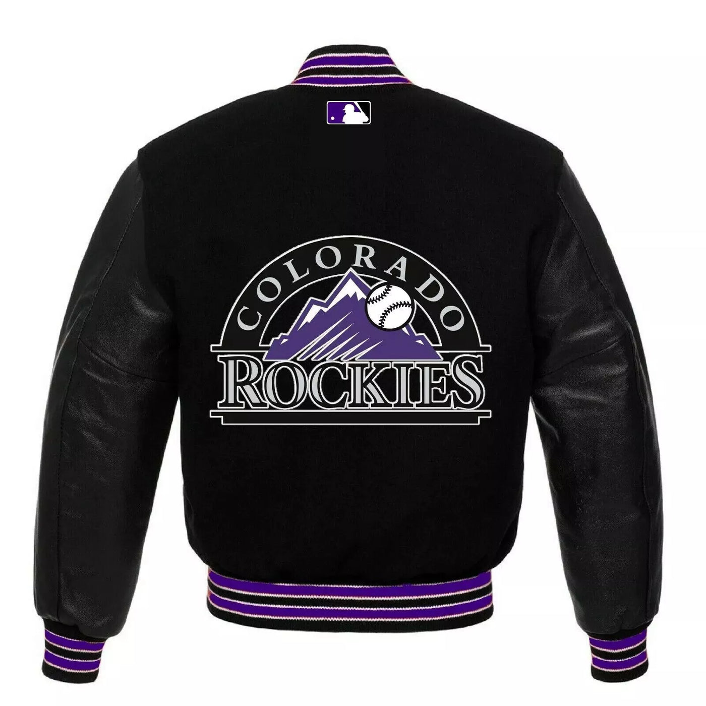 Letterman Colorado Rockies Black Wool Varsity Jacket With Genuine Leather Sleeve