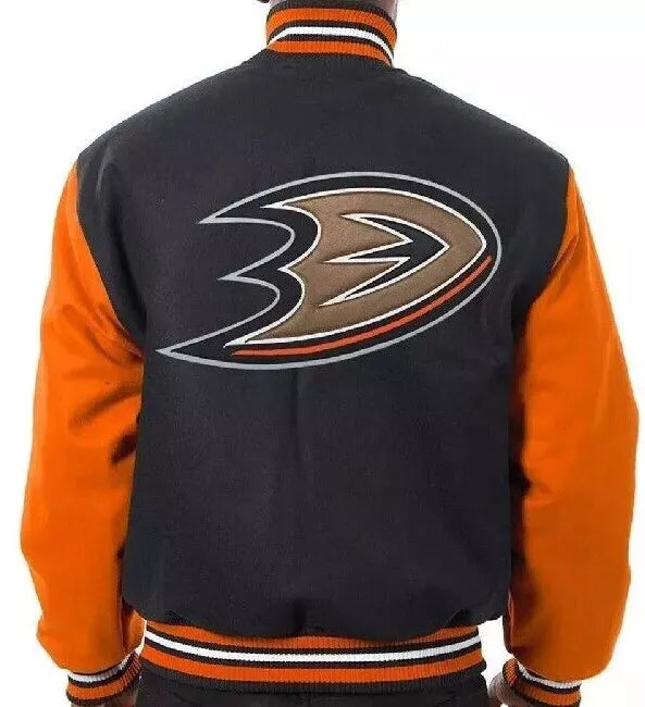 Anaheim Ducks Black and Orange All Wool Letterman Varsity Jacket