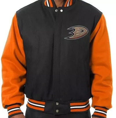 Anaheim Ducks Black and Orange All Wool Letterman Varsity Jacket