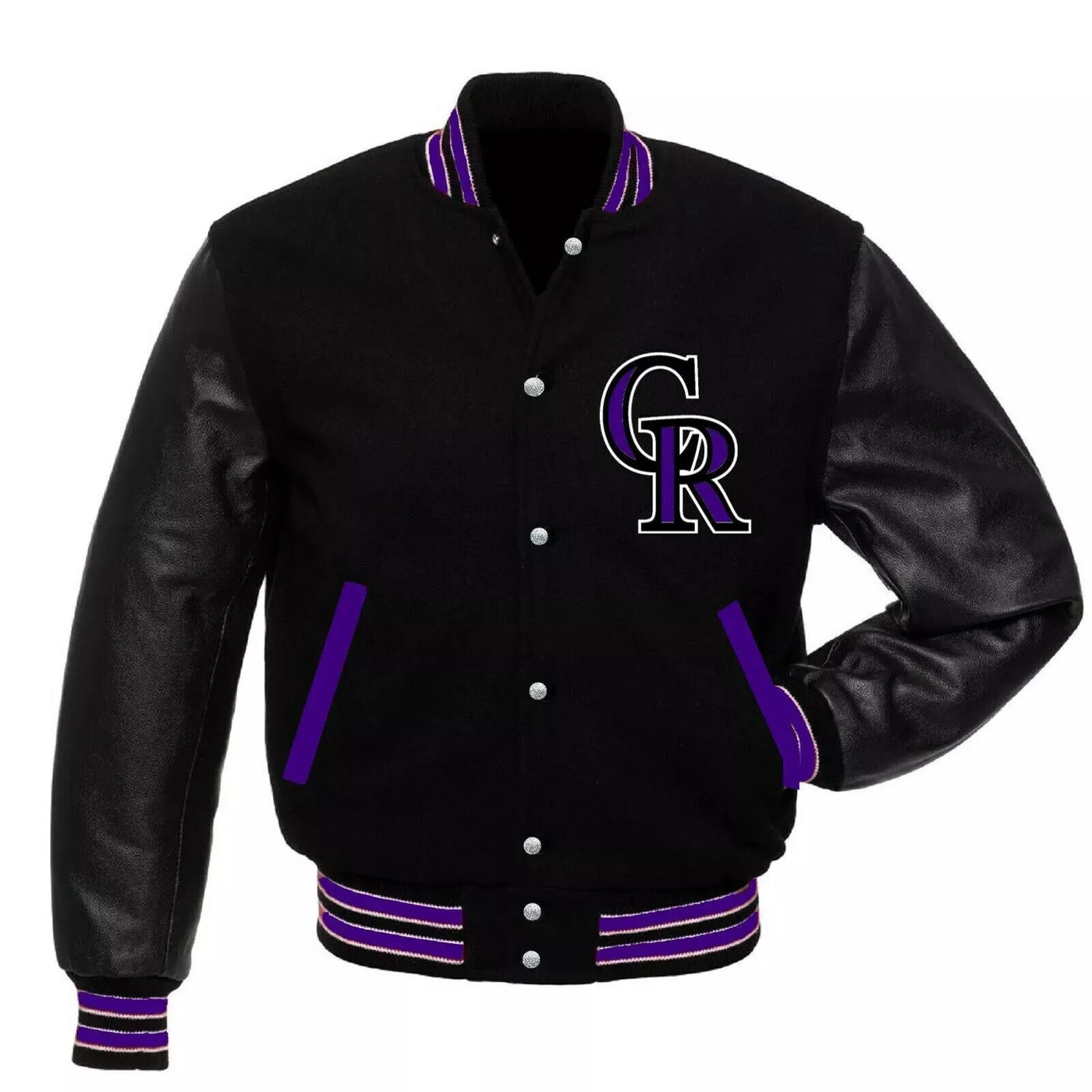 Letterman Colorado Rockies Black Wool Varsity Jacket With Genuine Leather Sleeve