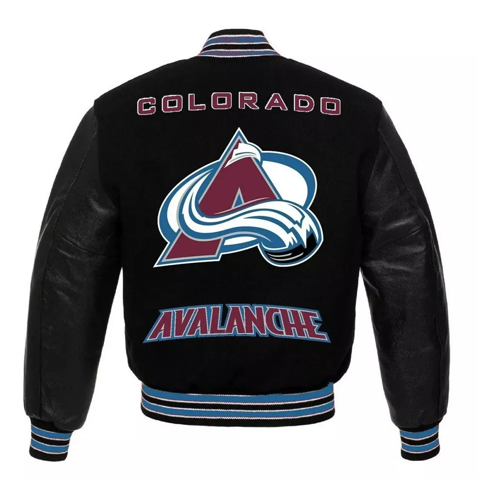 Colorado Avalanche Black Letterman Varsity Jacket with Genuine Leather Sleeves