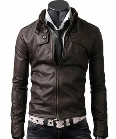 Men’s Belted Buckle Collar Slim Fit Dark Brown Jacket