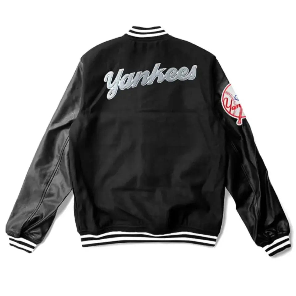 New York Yankees MLB Classic Letterman Varsity Jacket w/ Leather Sleeves - Black