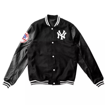 New York Yankees MLB Classic Letterman Varsity Jacket w/ Leather Sleeves - Black