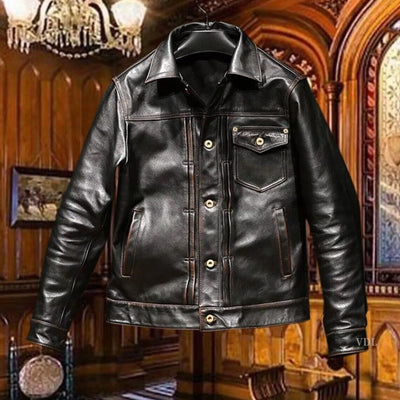 Men Distressed Trucker Cowhide Leather Luxury Tanned Cafe Racer Motorcycle Coat