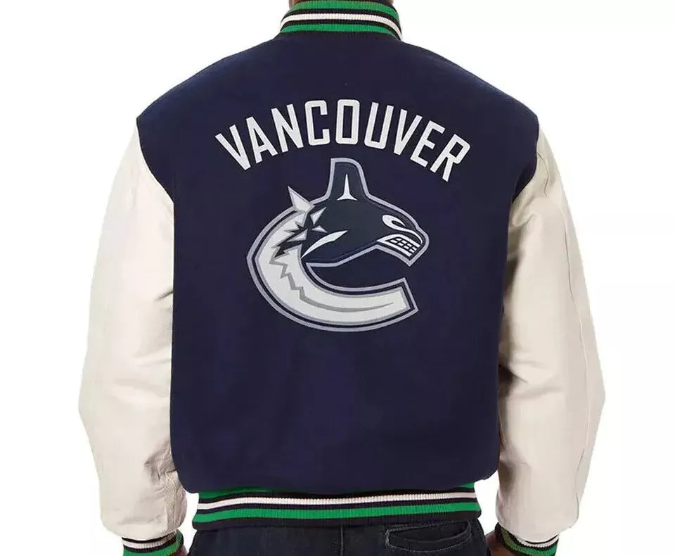 Vancouver Canucks Navy and White Lettermen All Wool Varsity Jacket