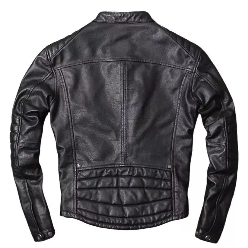 Men’s Leather Jacket Genuine Sheep skin Cafe Racer Motorcycle Biker Black