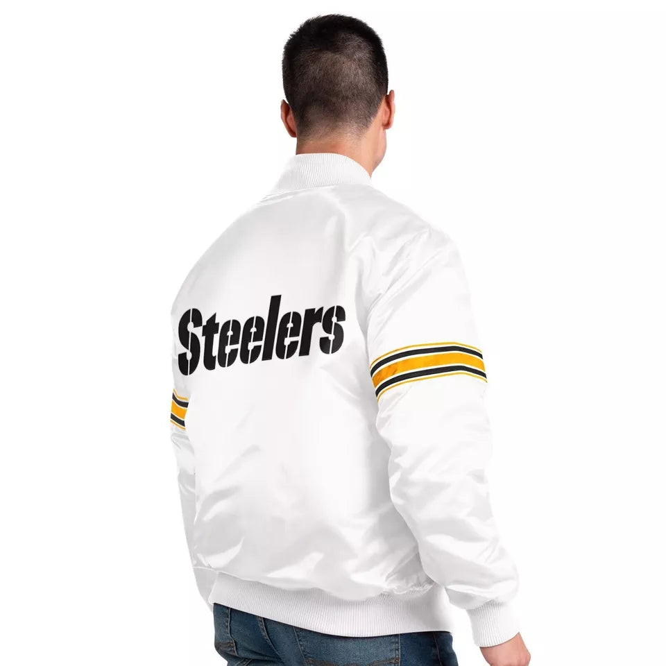 NFL Pittsburgh Steelers White Satin Letterman Varsity Jacket