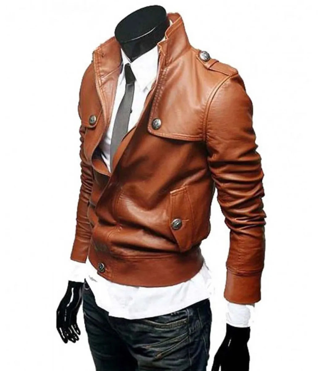 Men’s Slim Fit Tan Button Front Brown Leather Jacket