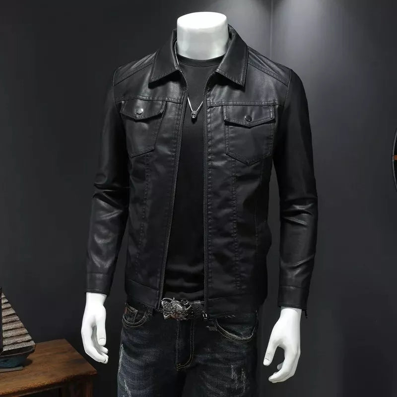 Men’s PU Leather Motorcycle Jacket – Waterproof, Thick, Slim Fit Lapel Jacket