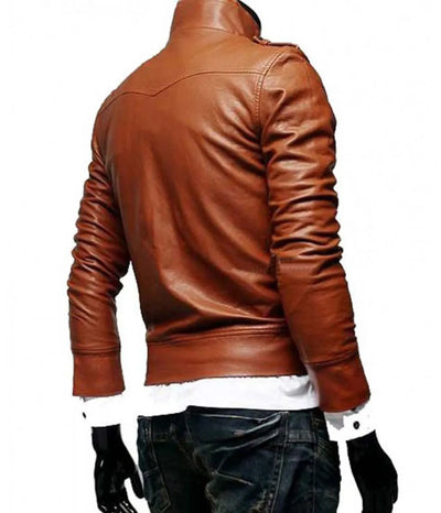 Men’s Slim Fit Tan Button Front Brown Leather Jacket