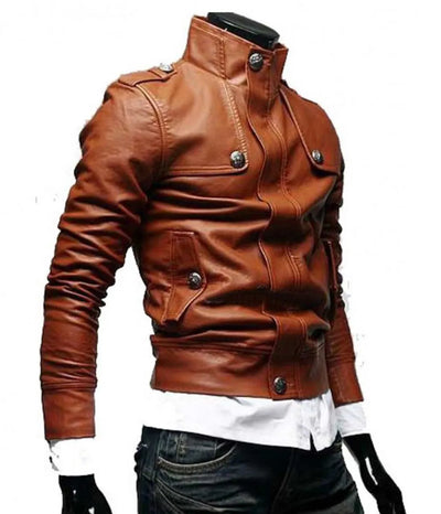 Men’s Slim Fit Tan Button Front Brown Leather Jacket