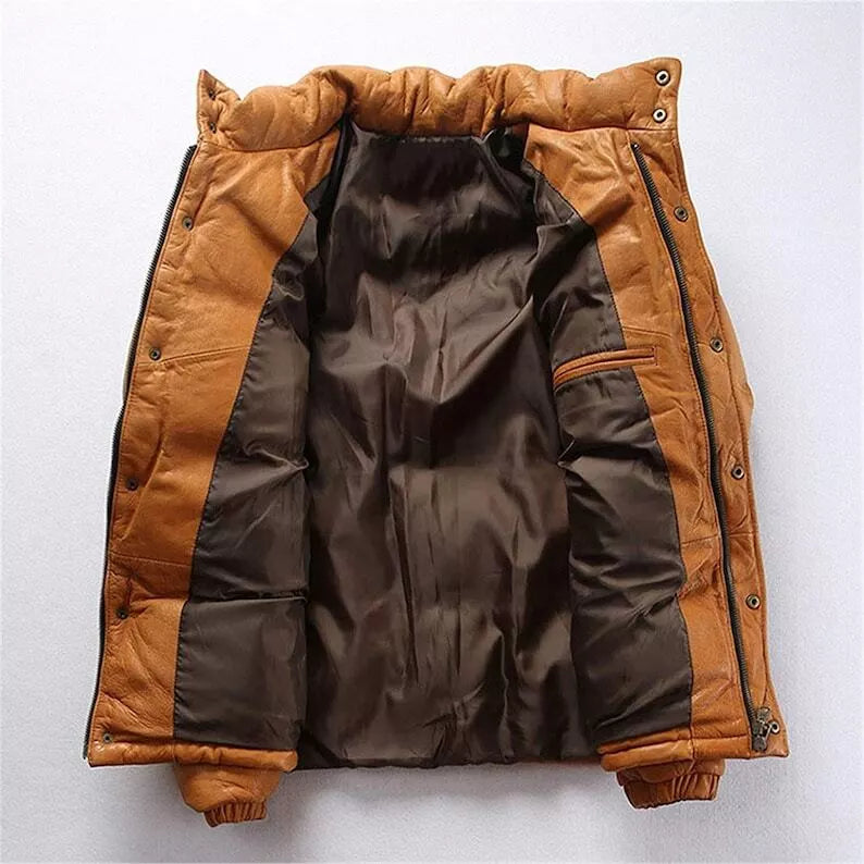 Mens Down Puffer Leather Jacket Casual Bomber Real Leather Puffy Fashion Coat