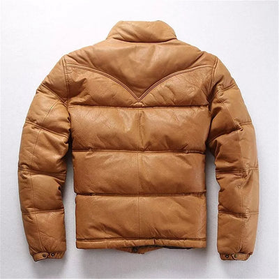 Women Down Puffer Leather Jacket Casual Bomber Real Leather Puffy Fashion Coat