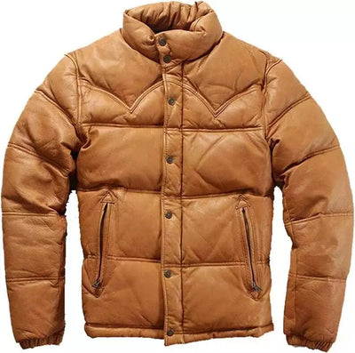 Women Down Puffer Leather Jacket Casual Bomber Real Leather Puffy Fashion Coat