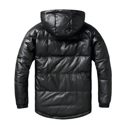 Women Black Hooded Puffer Jacket Genuine Lambskin Leather Quilted Puffer Coat