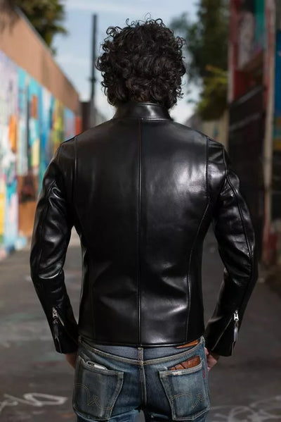 Men’s Black Cowhide Leather Luxury Tanned Cafe Racer Motorcycle slim Fit Jacket