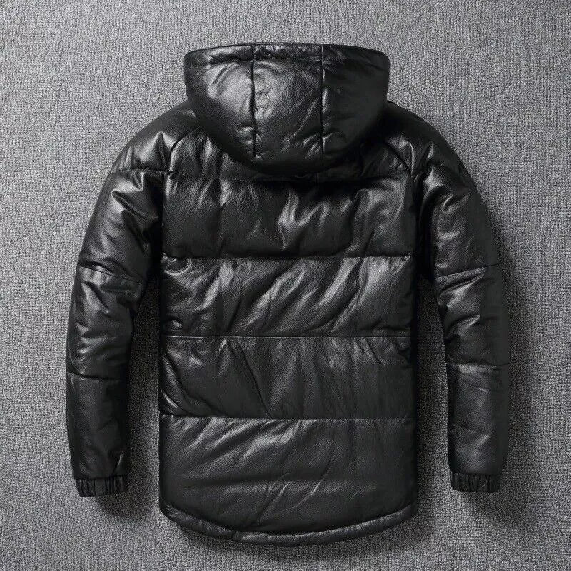 Men Black Hooded Puffer Jacket Genuine Lambskin Leather Quilted Puffer Coat