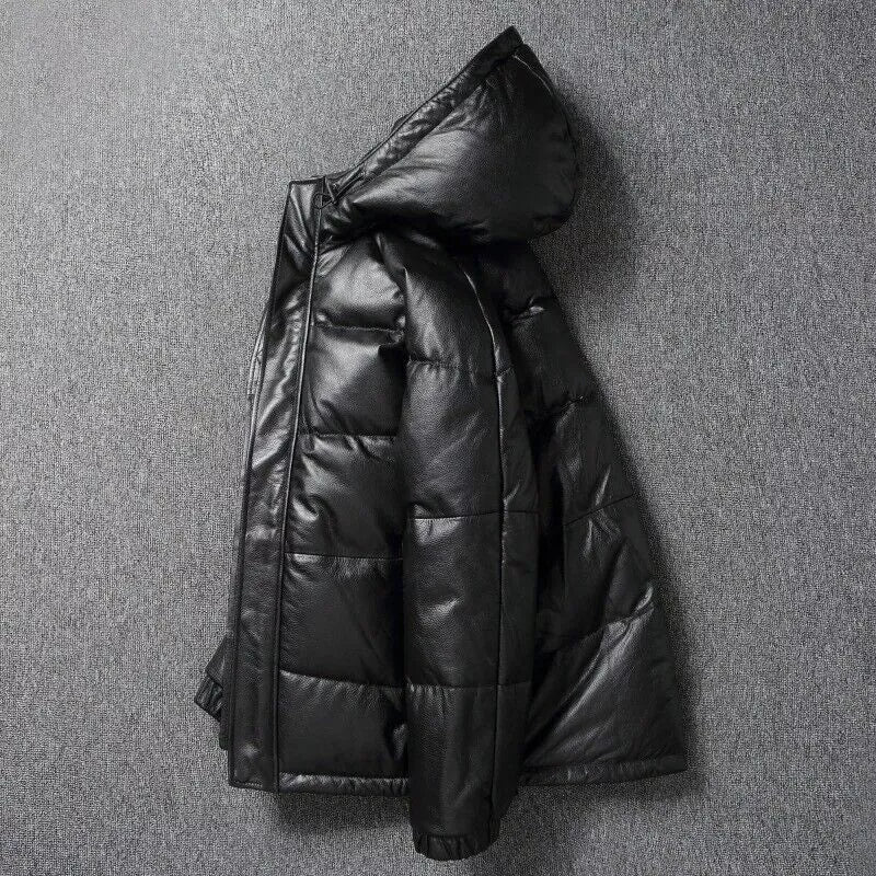 Men Black Hooded Puffer Jacket Genuine Lambskin Leather Quilted Puffer Coat