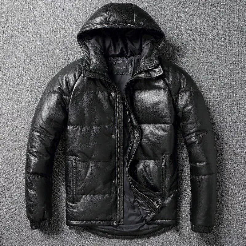 Men Black Hooded Puffer Jacket Genuine Lambskin Leather Quilted Puffer Coat