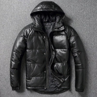 Men Black Hooded Puffer Jacket Genuine Lambskin Leather Quilted Puffer Coat