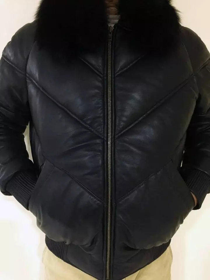 Men Down Puffer Leather Jacket Bomber V Style Puffy With Removable Collar Coat