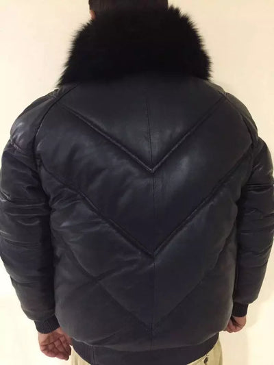 Men Down Puffer Leather Jacket Bomber V Style Puffy With Removable Collar Coat