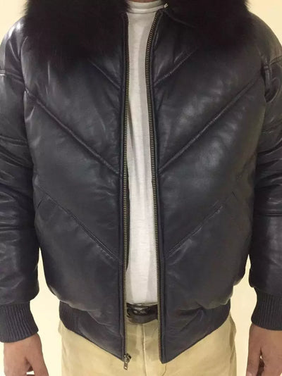 Men Down Puffer Leather Jacket Bomber V Style Puffy With Removable Collar Coat