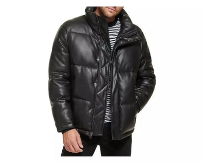 Men Quilted Bomber Puffer Jacket Handmade Genuine Leather Puffer Coat