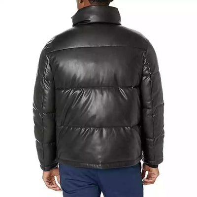 Men Quilted Bomber Puffer Jacket Handmade Genuine Leather Puffer Coat