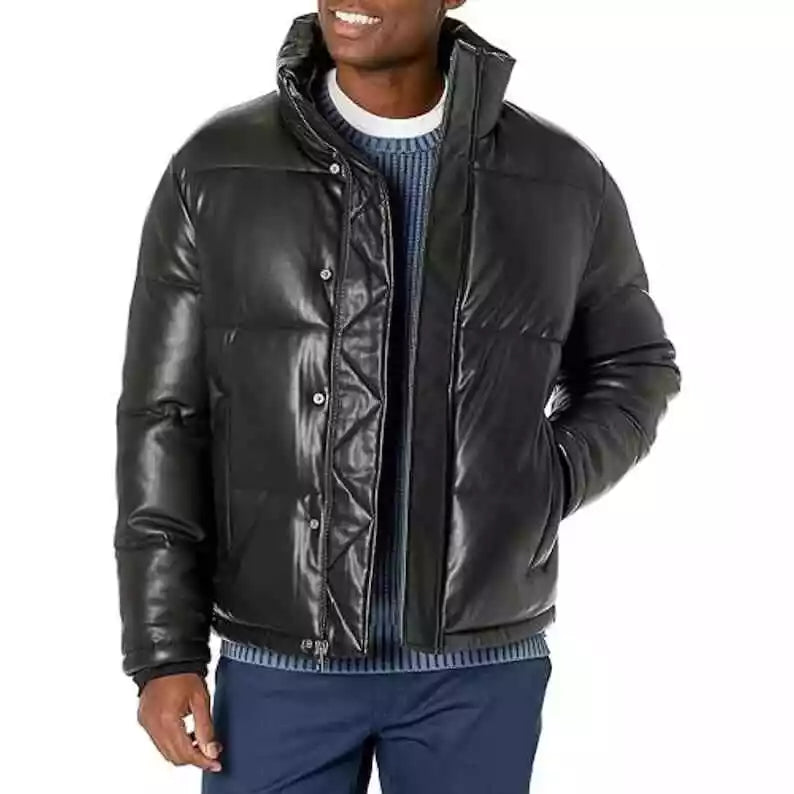 Men Quilted Bomber Puffer Jacket Handmade Genuine Leather Puffer Coat