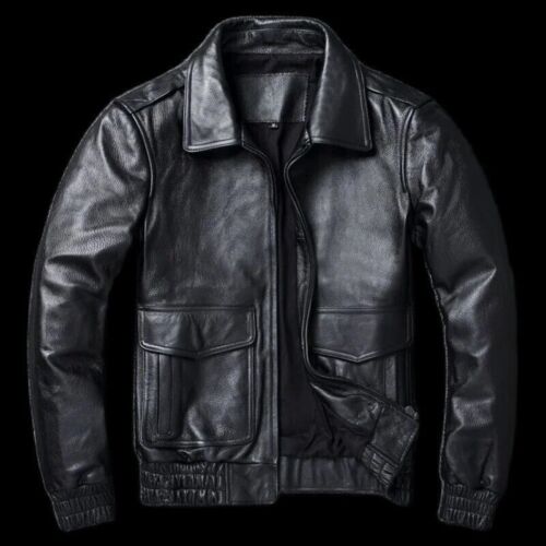 Men Black Motorcycle Flight Bomber Jacket Real Cowhide Leather Jacket