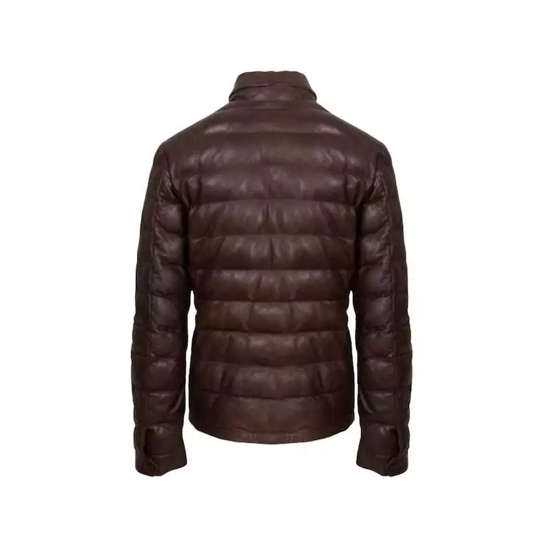 Men's Handmade Vintage Dark Brown Lambskin Leather Puffer Jacket