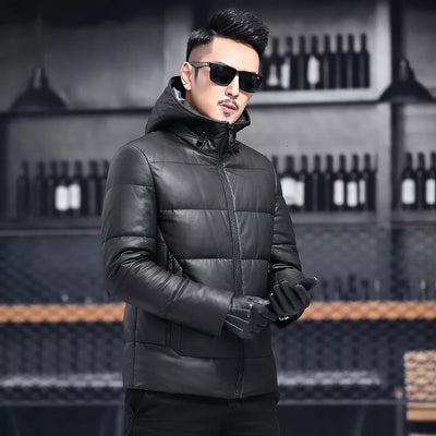 Men's Black Baggy Padded Hooded Genuine Sheepskin Leather Puffer Coat