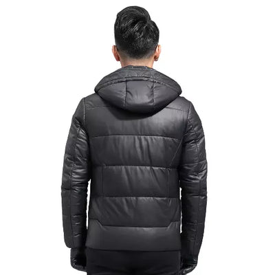 Men's Black Baggy Padded Hooded Genuine Sheepskin Leather Puffer Coat