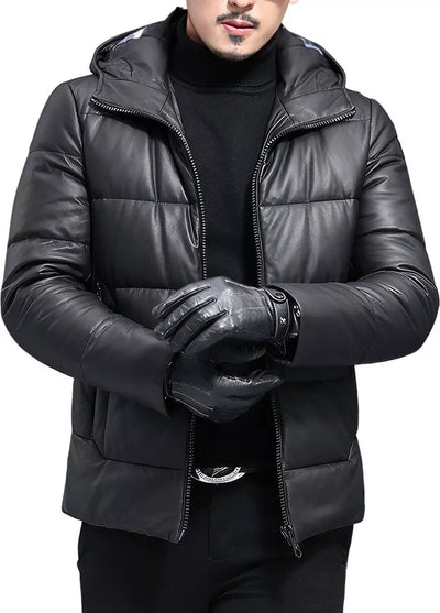 Men's Black Baggy Padded Hooded Genuine Sheepskin Leather Puffer Coat