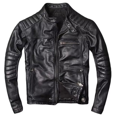 Men’s Leather Jacket Genuine Sheep skin Cafe Racer Motorcycle Biker Black