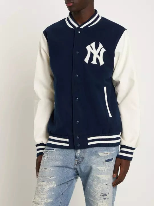 New York Yankees Letterman Varsity Jacket - Navy Blue Wool & White Leather