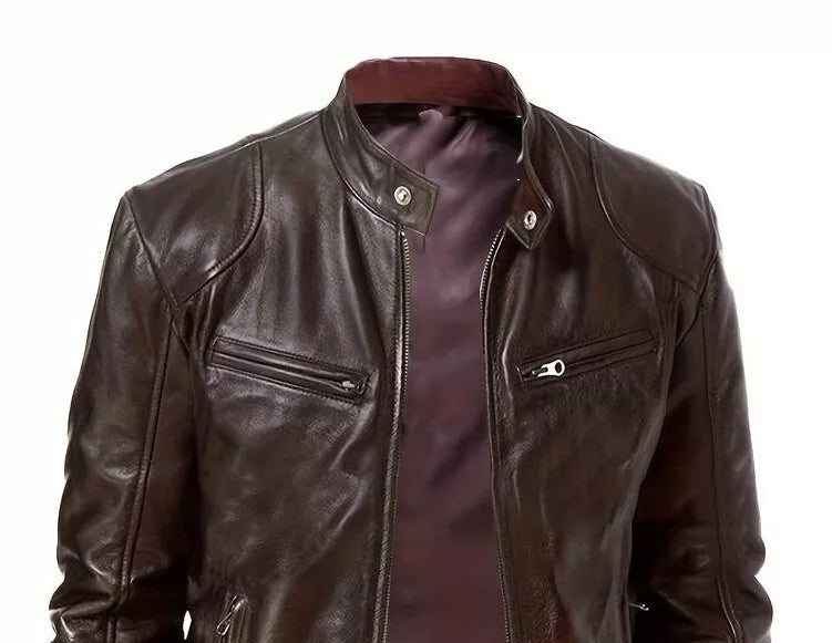 Cafe Racer Men's Leather Jacket Soft Sheep Skin Motorcycle Brown & Black Biker