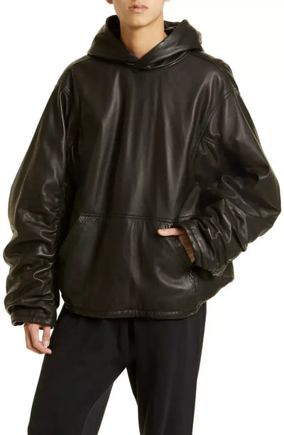 Men's Black Oversized Casual Hoodie Leather Jacket Kangaroo Pocket Soft Coat.