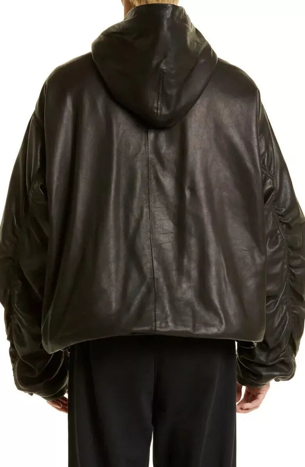 Men's Black Oversized Casual Hoodie Leather Jacket Kangaroo Pocket Soft Coat.