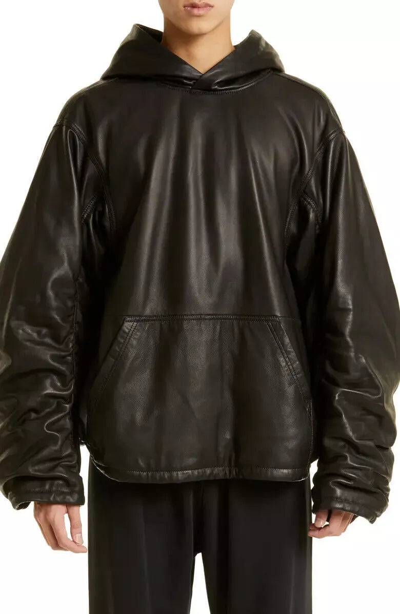 Men's Black Oversized Casual Hoodie Leather Jacket Kangaroo Pocket Soft Coat.