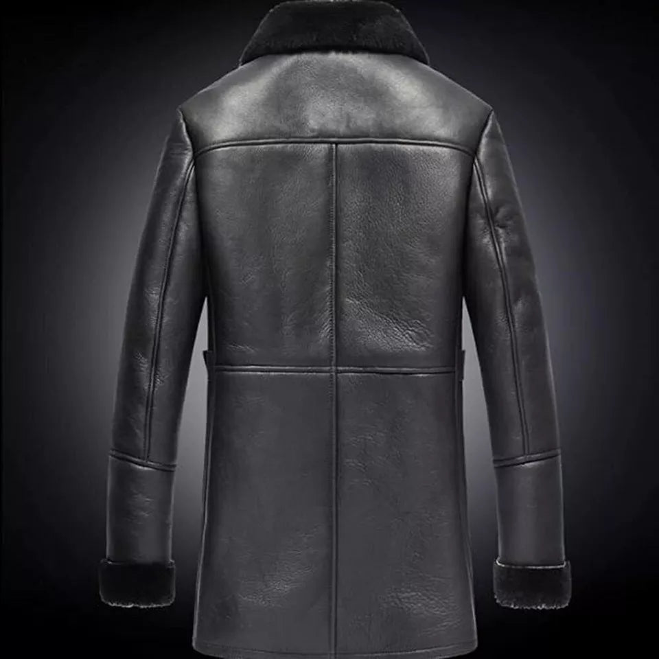 Men`s RAF Trench Coat Black Real Sheepskin Shearling Leather Jacket