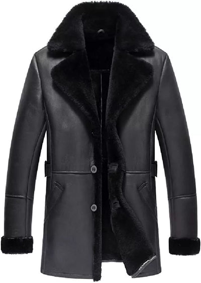 Men`s RAF Trench Coat Black Real Sheepskin Shearling Leather Jacket