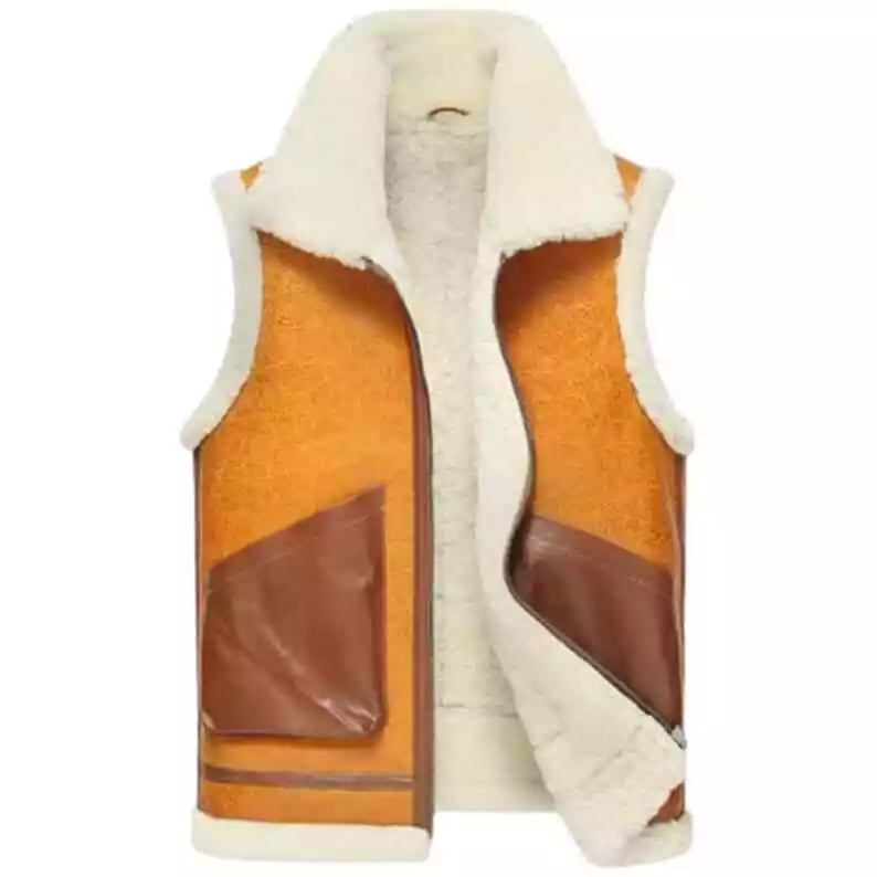 Men's brown Real Fur Vest Sleeveless Genuine Sheepskin Leather Jacket Coat